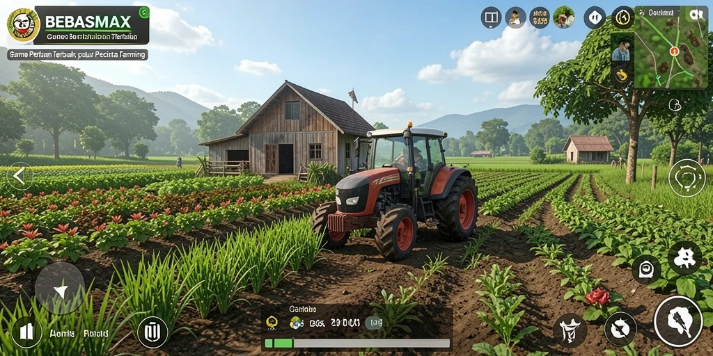 Tangkapan layar BEBASMAX menampilkan pemain sedang menyiram tanaman di ladang.
