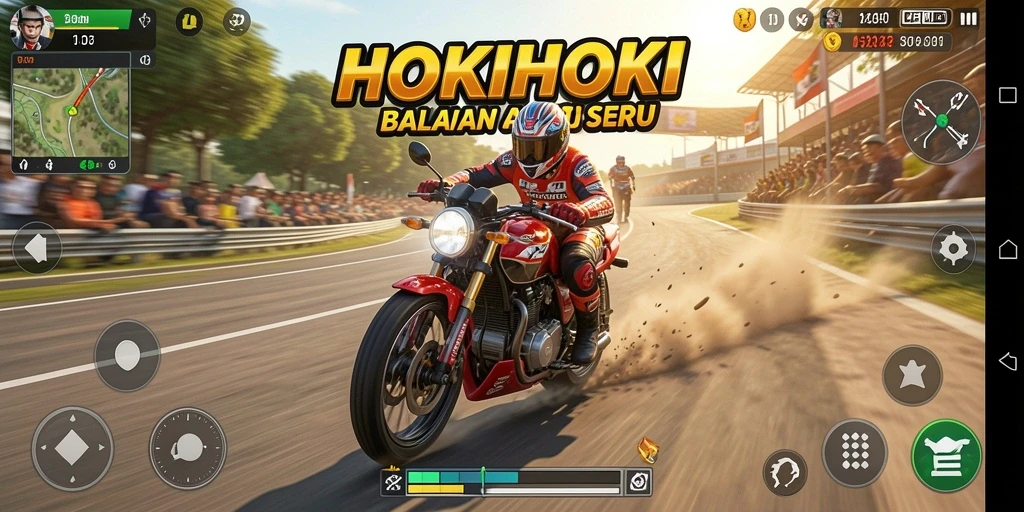 Tampilan gameplay HOKIHOKI dengan aksi balapan motor yang mendebarkan.