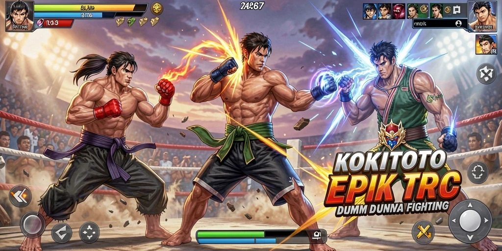 Screenshot gameplay pertarungan KOKITOTO dengan karakter-karakter beraksi.