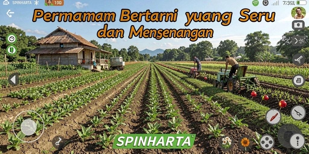 Screenshot gameplay SPINHARTA menampilkan kebun yang subur dan hewan ternak.