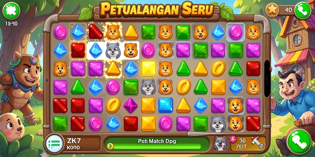 Tangkapan layar ZK7 menampilkan suasana gameplay Match-3 yang seru dan menantang.